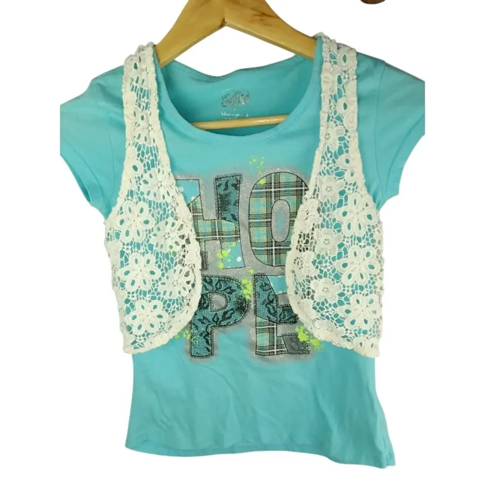 Justice Aqua Graphic Tee with White Crochet Vest
